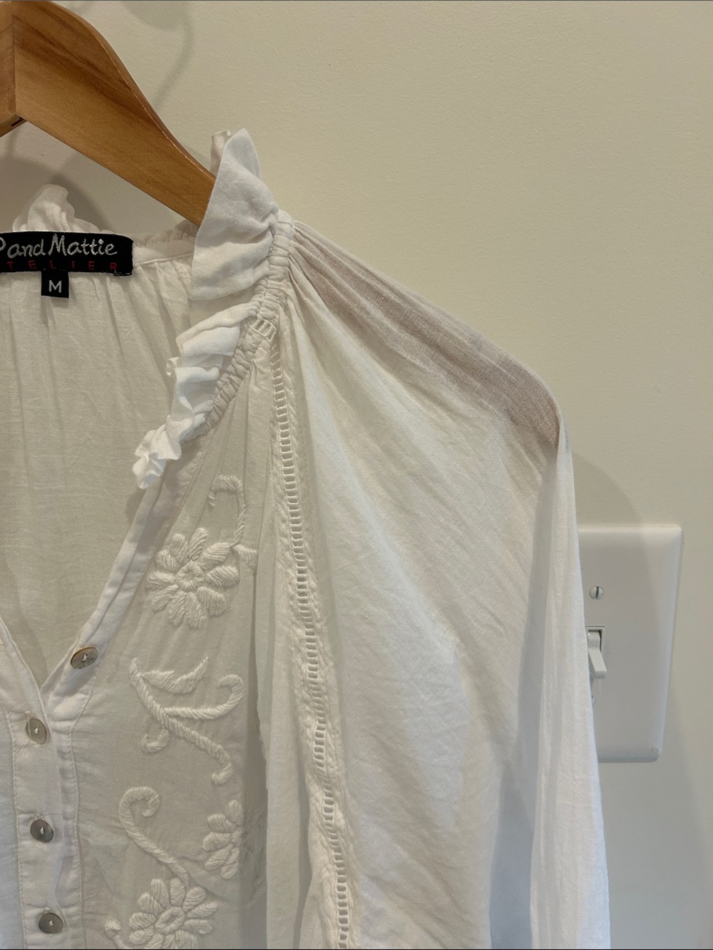 JP and Mattie White Embroidered Peasant Blouse with Ruffle Neck